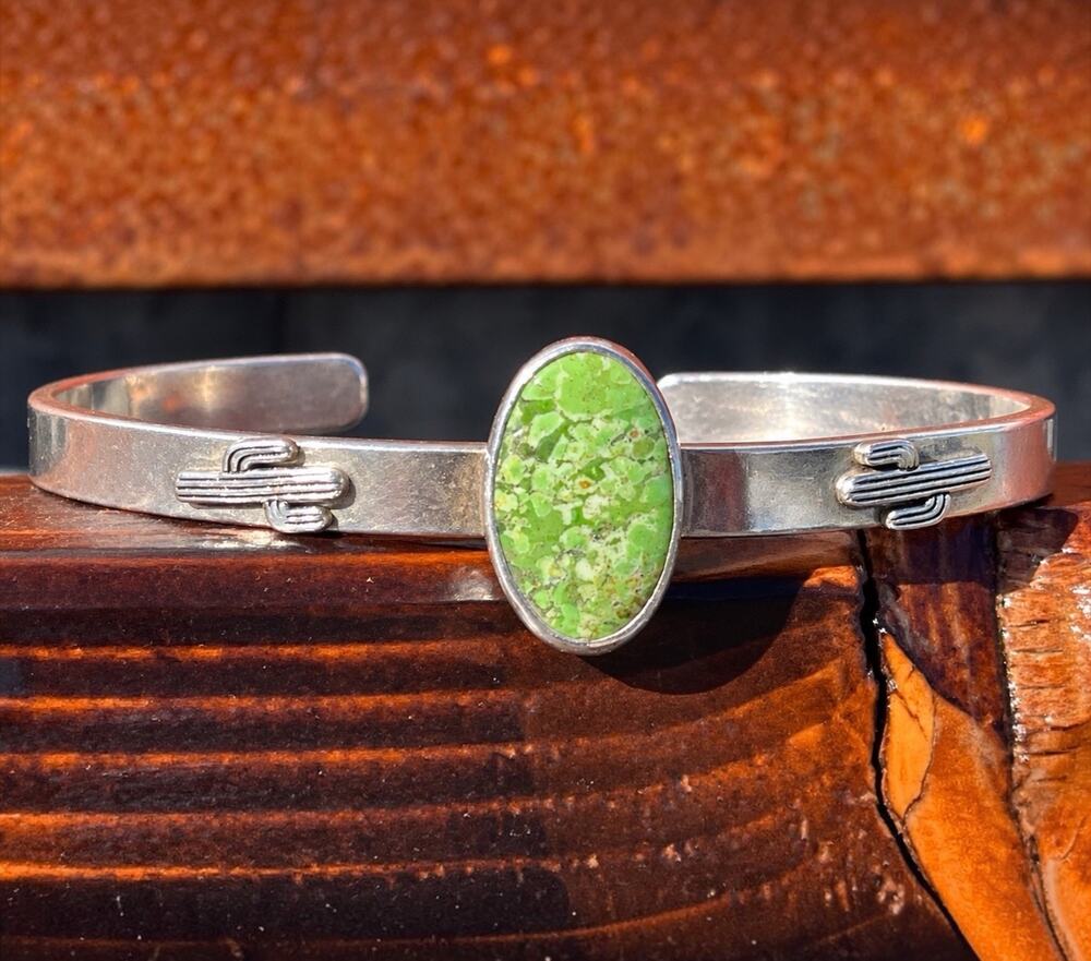 Southwestern Green Turquoise Sterling Silver Cuff Bracelet Native Style Cactus